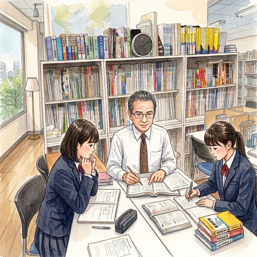 先生1人に生徒2人で机を囲む授業のイメージイラスト